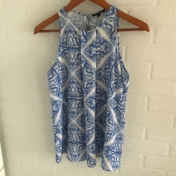 Audrey & Celine Tank top Chiffon Blue White Greek Mosaik Paisley print Size S - Picture 2 of 8